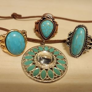 Desert Turquoise Rings and Necklace with Leather.